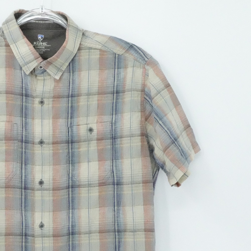 Kuhl Shirt Mens Large Beige Blue Plaid Short Sleeve‎ Linen Blend Outdoors Gorp - Picture 5 of 15